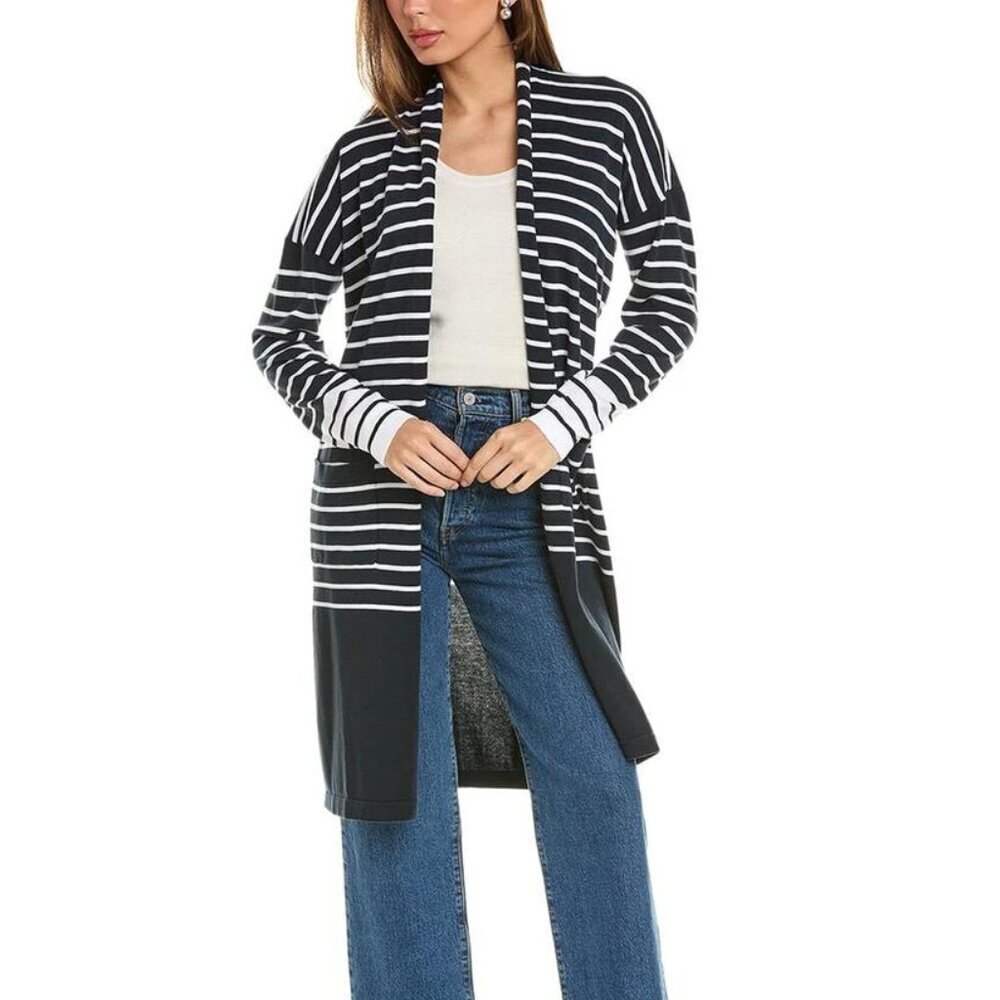 CAbi Boathouse duster cardigan sweater navy white stripe shawl collar new XS